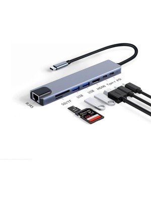 Die Grup Daytona Cf-04 Macbook Uyumlu Type-C™ To 4K HDMI Tv Projeksiyon UHD 1080P 2* Type-C 3* USB Sd/tf RJ45 Ethernet Lan 8ın1 Çevirici Hub Adaptör