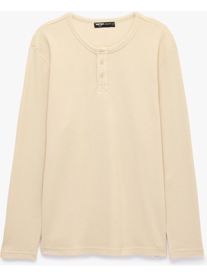 Die Grup Pamuklu Uzun Kollu Pike Kumaş Düğmeli Henley Yaka Sweatshirt