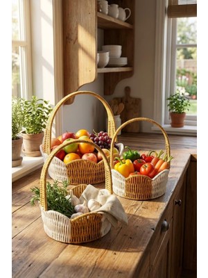 Die Grup Buffer Iç Içe Geçebilen 3'lü Çift Renkli Yuvarlak Dalgalı Formlu Saplı Plastik Rattan Sepet Seti, Hasır Görünümlü Çok Amaçlı Organizerler, 18X7CM, 21X8CM, 24X9CM