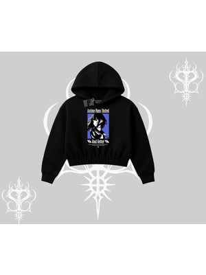 Die Grup Tarzsokak Kapşonlu Crop Sweatshirt Oversize Anime Kız Baskılı, Siyah, S