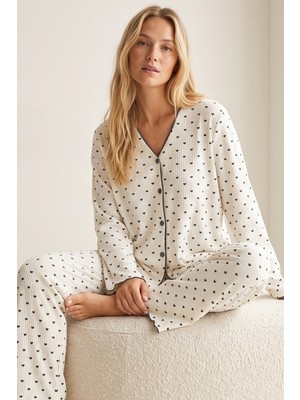 Siyah İnci Yumuşak Tuşe Kışlık Fitilli Pamuklu Örme Düğmeli Hırka Pijama Takım 8073
