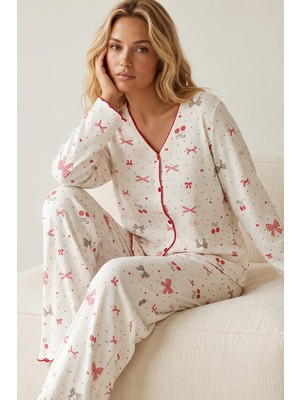 Siyah İnci Yumuşak Tuşe Kışlık Fitilli Pamuklu Örme Düğmeli Hırka Pijama Takım 8073
