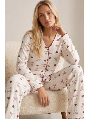 Siyah İnci Yumuşak Tuşe Kışlık Fitilli Pamuklu Örme Düğmeli Hırka Pijama Takım 8073