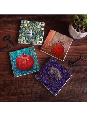 Die Grup Pinecone Stone Hayat Ağacı, Nar Taş Bardak Altlığı Seti - 4 Parça - Dekoratif, Rustik Mutfak Aksesuarı, 10X10 Cm, Kaydırmaz Tabanlı, Şık ve Dayanıklı SC485