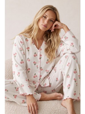Siyah İnci Yumuşak Tuşe Kışlık Fitilli Pamuklu Örme Düğmeli Hırka Pijama Takım 8073
