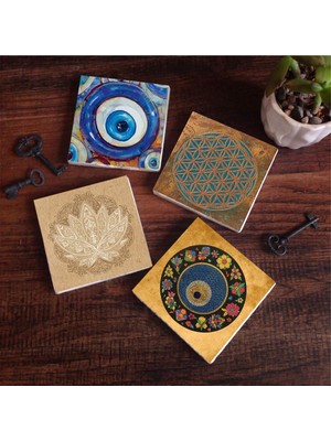 Die Grup Pinecone Stone Nazar, Yaşam Çiçeği, Lotus Çiçeği Taş Bardak Altlığı Seti - 4 Parça - Dekoratif, Rustik Mutfak Aksesuarı, 10X10 Cm, Kaydırmaz Tabanlı, Şık ve Dayanıklı SC473