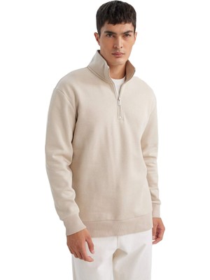 Die Grup Defacto Gri 3 Iplik Pamuklu Şardonlu Içi Polarlı Comfort Regular Fit Rahat Kalıp Dik Yaka Fermuarlı Kalın Sweatshirt