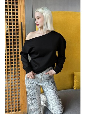 Die Grup Madmext Siyah Kayık Yaka Basic Sweatshirt MG2228,SIYAH Xl