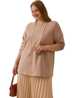 Die Grup Galaxi Kadın Büyük Beden Bağcıklı Basic Sweatshirt 4002 Camel