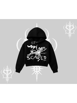 Die Grup Tarzsokak Beyaz Crop Kapşonlu Sweatshirt Why Are U Scared, Siyah, L