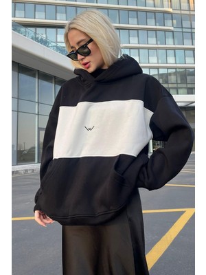 Die Grup Madmext Kadın Siyah Kapüşonlu, Renk Bloklu, Kanguru Cepli Sweatshirt, S Beden