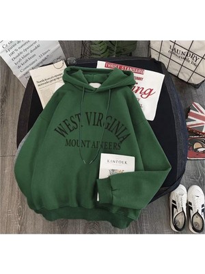 Die Grup Tarzsokak Özel Tasarım Kapüşonlu West Virginia Baskılı Süper Oversize Tam Kışlık Kadın Sweats Yeşil, Yeşil, M
