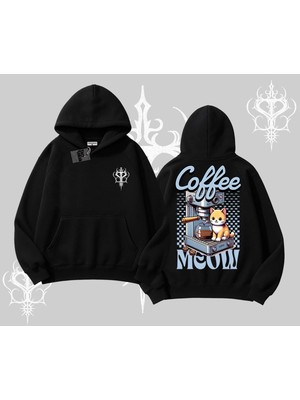 Die Grup Tarzsokak Coffee Meow Kahve Temalı Kedi Arka Baskılı Kapşonlu Sweatshirt, Siyah, L