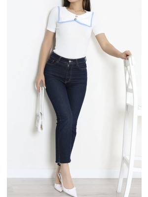 Myes Butik Mavi Şerit Detaylı Crop Tshirt