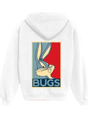 Die Grup Tarzsokak Unisex Beyaz Bugs Bunny Sırt Baskılı Sweatshirt, Beyaz, S