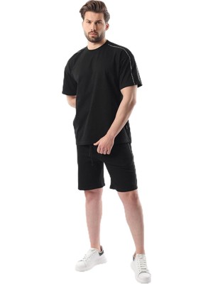 Die Grup Madmext Siyah Overfit Baskılı Erkek Şort T-Shirt Takım E7302,SIYAH 2xl