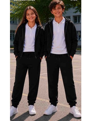 Unisex Çocuk Okul Eşofman Takımı /  Cepli Jogger Eşofman Alt ve Üst Kapüşonlu Fermuarlı Sweatshirt  (6-14 Yaş)