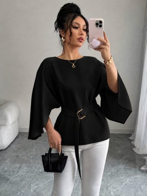 Trend Metkar Kadın Uzun Kollu Yuvarlak Yakalı Yarasa Kollu Belden Kuşaklı Atlas Bluz