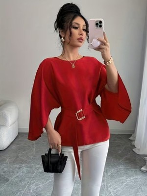 Trend Metkar Kadın Uzun Kollu Yuvarlak Yakalı Yarasa Kollu Belden Kuşaklı Atlas Bluz