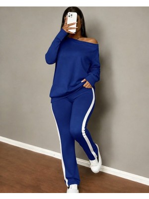 Trend Metkar Kadın Tek Omuzdan Açık Uzun Kollu Viskon Iki Iplik Bluz ve Yan Şerit Detaylı Pantolon Ikili Takım
