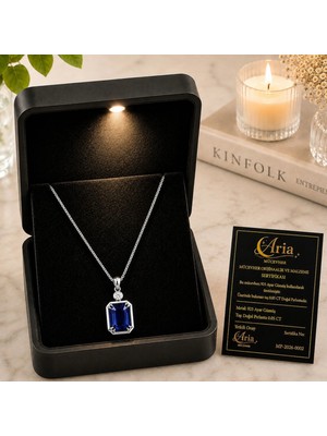 Evas Jewellery Safir Kolye Gerçek Pırlantalı, 925 Ayar Gümüş 18 Ayar Gerçek Altın Kaplama, Işıklı Hediye Kutulu ve Sertifikalı