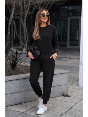Trend Cojans Kadın Uzun Kollu Bisiklet Yakalı Dantelli Viskon Iki Iplik Bluz ve Pantolon Ikili Takım