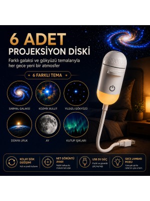 Ayers 6 Diskli 2’si 1 Arada USB Yıldız Projektör ve Gece Lambası, Galaksi Gökyüzü Projeksiyon Cihazı, Sıcak Ortam Işığı, Esnek Boyunlu Taşınabilir USB Lamba, Adaptör Hediyeli