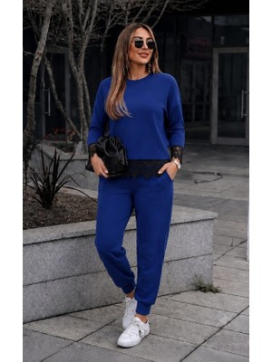 Trend Cojans Kadın Uzun Kollu Bisiklet Yakalı Dantelli Viskon Iki Iplik Bluz ve Pantolon Ikili Takım