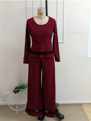 Trend Cojans Kadın Uzun Kollu Yuvarlak Yakalı Tül Detaylı Ithal Krep Bluz ve Pantolon Ikili Takım