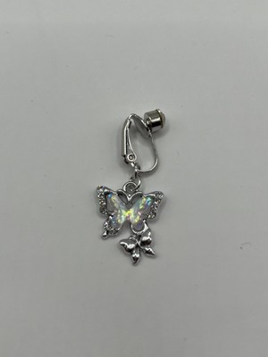AG23 Tasarım Deliksiz Göbek Piercingi Hologram Taşlı 3 Kelebek Detaylı Silver Gümüş Renkli