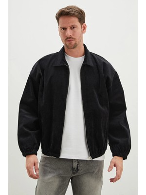 FullaModa Fermuarlı Polo Yaka Kadife Bomber Ceket