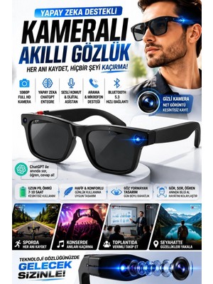 Marsilyan™- Yapay Zeka Destekli Kameralı Akıllı Gözlük 8mp Kamera Chatgpt Çeviri Ses Kayıt Özellikli