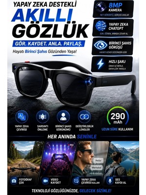 Marsilyan™- Chatgpt Destekli Yapay Zeka Akıllı Gözlük 8mp Kamera Fotoğraf Video ve Ses Kayıtlı