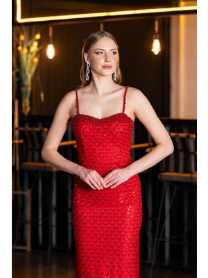 Abiyefon Boncuklu Askılı Uzun Pullu Abiye Elbise ABU6039