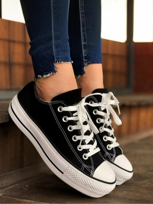 TeknoKapsül KN103 - Siyah Keten 5 cm Boy Uzatan Sneaker Kalın Taban Kısa Sıyah 5cm