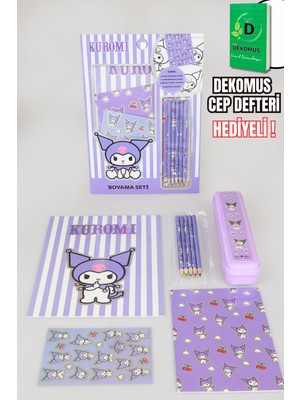 "DEKOMUS CEP DEFTERİ HEDİYELİ" LİSANSLI KUROMI 9 PARÇALI BOYAMA SETİ KALEM KUTUSU,2 ADET BOYAMA KİTABI,5 ADET BOYA KALEMİ,STICKER