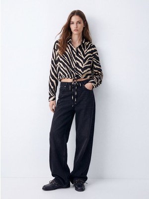 LTB Regular Fit Zebra Desinli Beli Bağlamalı Siyah Gömlek