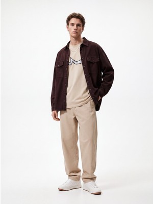 LTB Relaxed Fit Sign Baskılı Bej T-Shırt