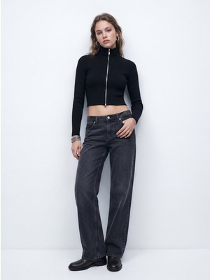 LTB Slim Fit Dik Yaka Crop Siyah Kazak