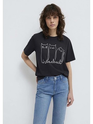 Mavi M1610674-70087 Mavi Kedi Logo Baskılı T-Shirt Kadın Tişört