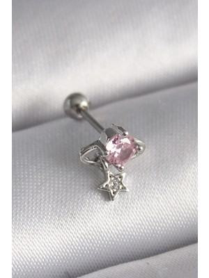 Inure Jewelry 316L Çelik Gümüş Renk Pembe Zirkon Taşlı Sallantı Yıldız Detay Tragus Piercing