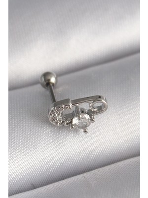 Inure Jewelry 316L Çelik Gümüş Renk Zirkon Taşlı Toplu İğne Tragus Piercing