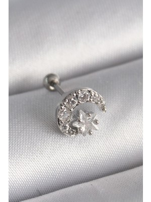 Inure Jewelry 316L Çelik Gümüş Renk Zirkon Taşlı Ay Yıldız Tragus Piercing