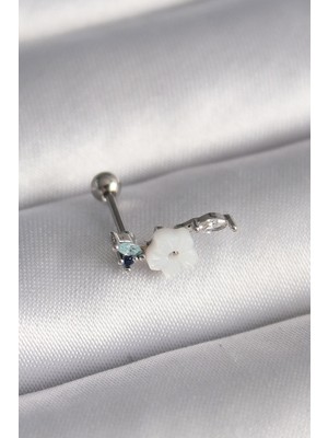 Inure Jewelry 316L Çelik Gümüş Renk Zirkon Taş Detay Beyaz Çiçek Model Tragus Piercing
