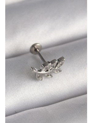 Inure Jewelry 316L Çelik Gümüş Renk Dal Model Zirkon Taş Detaylı Tragus Piercing