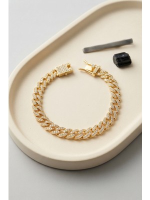 Inure Jewelry Gold Renk Zirkon Taşlı Cuban Zincir Model Klips Kapamalı Erkek Bileklik