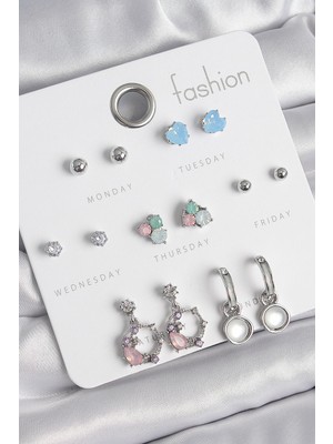 Inure Jewelry Pirinç Gümüş Renk Zirkon Taşlı Sallantı Halka Model Çiçek Detay 7 Çift Kadın Küpe Seti