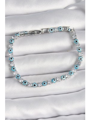 Inure Jewelry Pirinç Gümüş Renk Su Yolu Zirkon Taşlı Nazar Boncuklu Kadın Bileklik