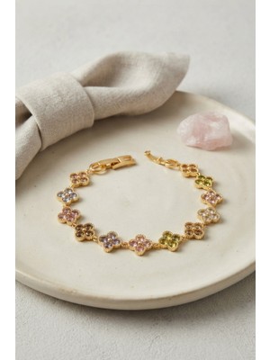Inure Jewelry Yonca Model Renkli Zirkon Taşlı Gold Pirinç Kadın Bileklik