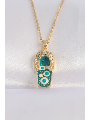 Inure Jewelry 316L Çelik Zincir Zirkon Taşlı Altın Renk Nazarlı Terlik Tasarımlı Kolye